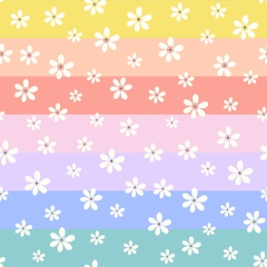 Ditsy Daisy Rainbow retro white flowers on rainbow horizontal stripes by Jac Slade