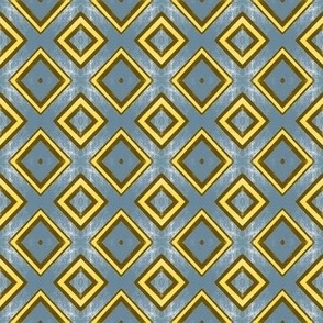 428 - Small mini scale distressed symmetry diamond pattern in bold vibrant  denim air force blue, yellow and brown retro colours, for textured grungy wallpaper, table runners, napkins, cushions, sheet sets and masculine/teen apparel.