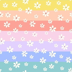 Ditsy Daisy Rainbow retro white flowers on rainbow horizontal stripes by Jac Slade