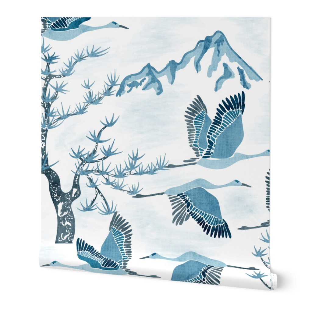 Serene Mountains- Greater Sandhill Cranes Flying over the scenic Rockies and Limber Pines- Watercolor- Blue- Large Scale