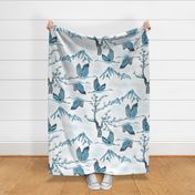 Serene Mountains- Greater Sandhill Cranes Flying over the scenic Rockies and Limber Pines- Watercolor- Blue- Large Scale