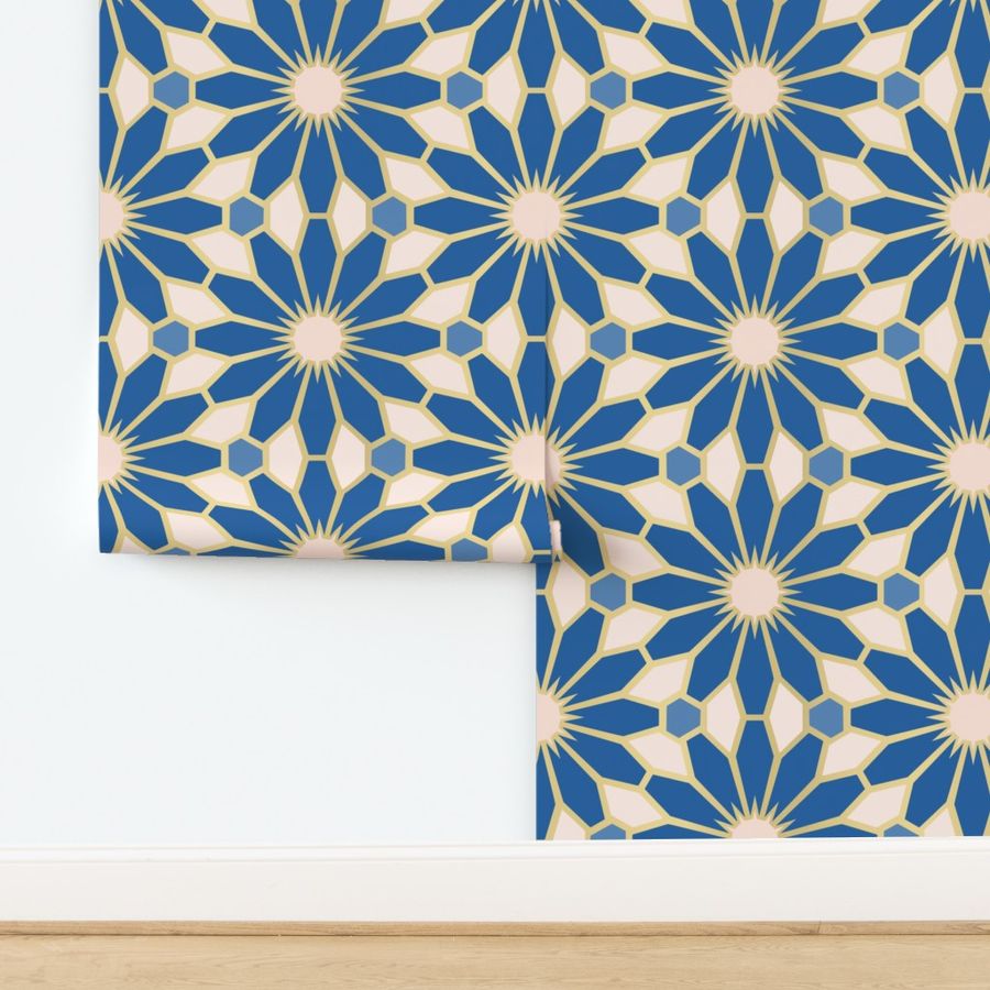 Art Deco Floral Geometric in Blue, Peach Blush, and (Faux) Gold - Jumbo - Daisy Geometric Floral, Statement Print, Dramatic Glamour