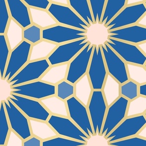 Art Deco Floral Geometric in Blue, Peach Blush, and (Faux) Gold - Jumbo - Geometric Floral, Statement Print, Daisy Geometric
