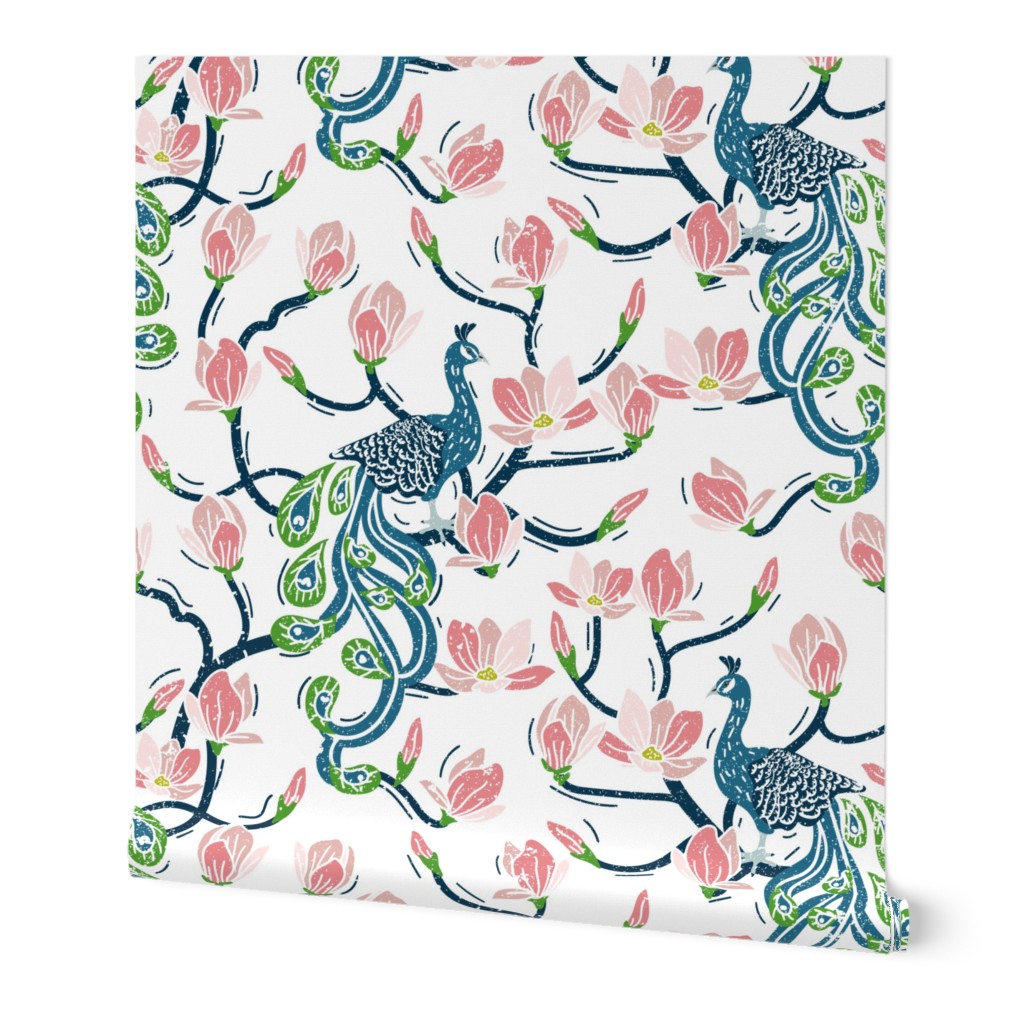 Paisley Peacock in Magnolia Garden- Block Print- Blue Green- Large Scale