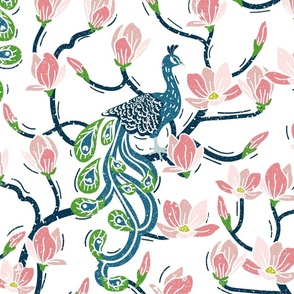 Paisley Peacock in Magnolia Garden- Block Print- Blue Green- Large Scale