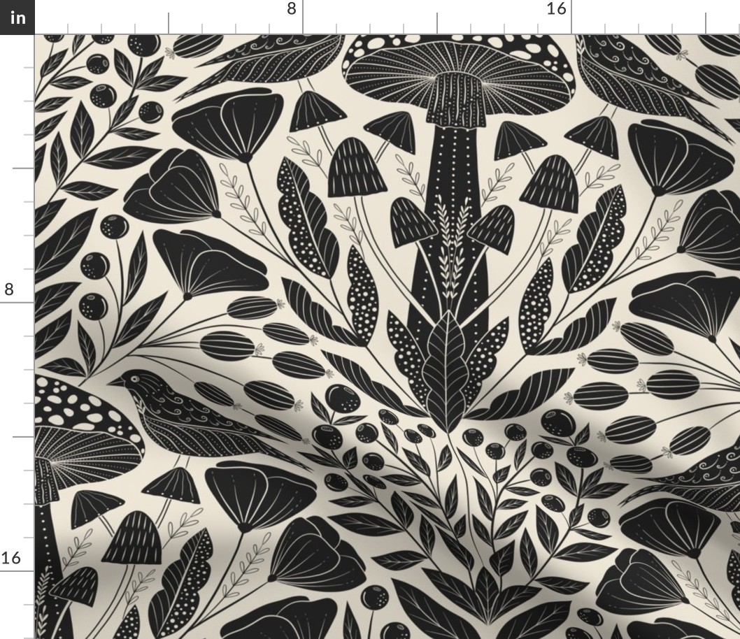 Whimsical wildlife- block printing black over Cream background 