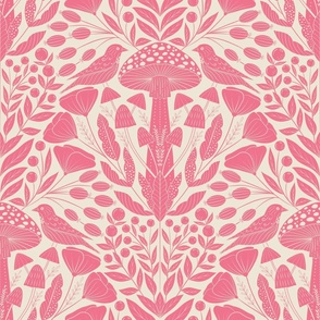 Whimsical wildlife- block printing pink over Ivory Cream background 