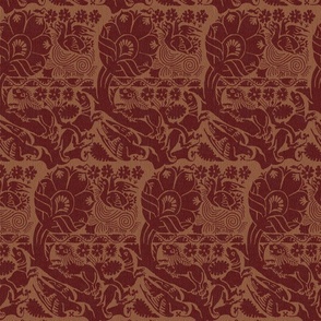 Oblique Damask with Animals and Birds, Rusty Red