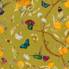 Hummingbirds, lemons and butterflies in mustard