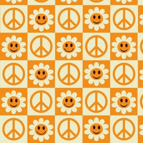 Checkered White smiling Flowers and orange peace signs - Medium 