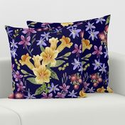 Delicate Floral With Golden Trumpet, Gaura, Dianella and Ice Plant, Navy Background Large Scale
