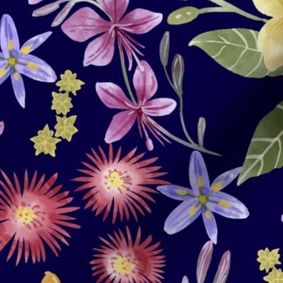 Delicate Floral With Golden Trumpet, Gaura, Dianella and Ice Plant, Navy Background Large Scale