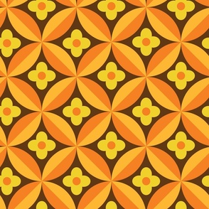 Retro Yellow Flowers on Orange and Tangerine Mid Century Circles 