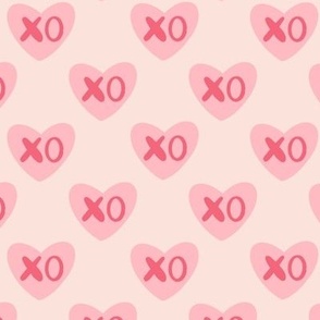 XO hugs kisses pink,  pink hearts on light pink 12x12