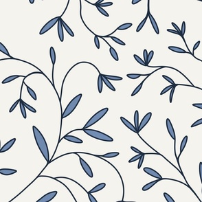 [Large] Light Floral Branches – Clean and Delicate Florals, Blue on Off-White //
