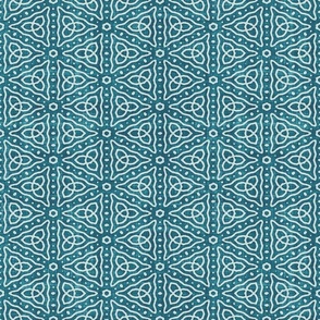 Geometric Celtic Knot Triangles Batik Block Print in Teal Lagoon and Sea Glass (Medium Scale)