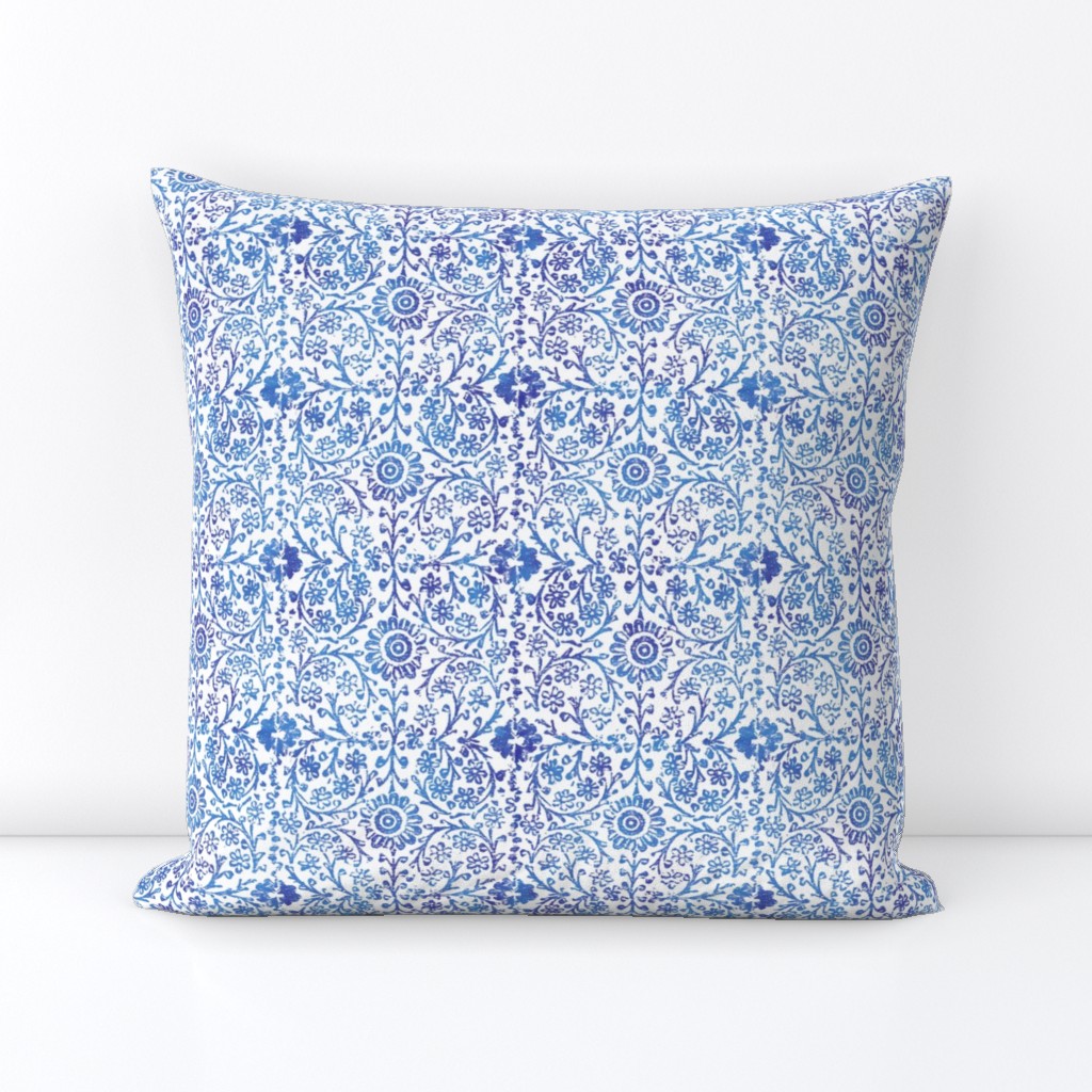 Indian Woodblock in Sapphire Blue on White | Rustic blue floral, hand block printed pattern in bright cobalt blue and white, botanical print, blue block print design.