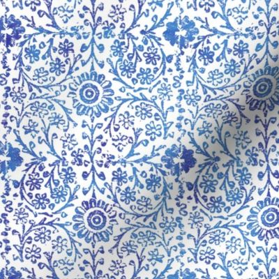 Indian Woodblock in Sapphire Blue on White | Rustic blue floral, hand block printed pattern in bright cobalt blue and white, botanical print, blue block print design.