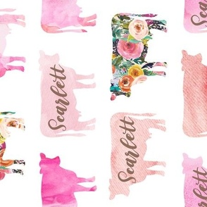 Rotated Scarlett: Handmaid Font on Pink Watercolor Floral Cows