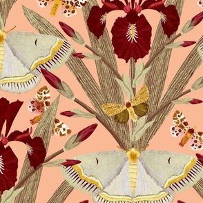 Moths and dutch iris on Peach Fuzz |  brown maroon red silver sage green | maximalist botanical damask wallpaper | jumbo