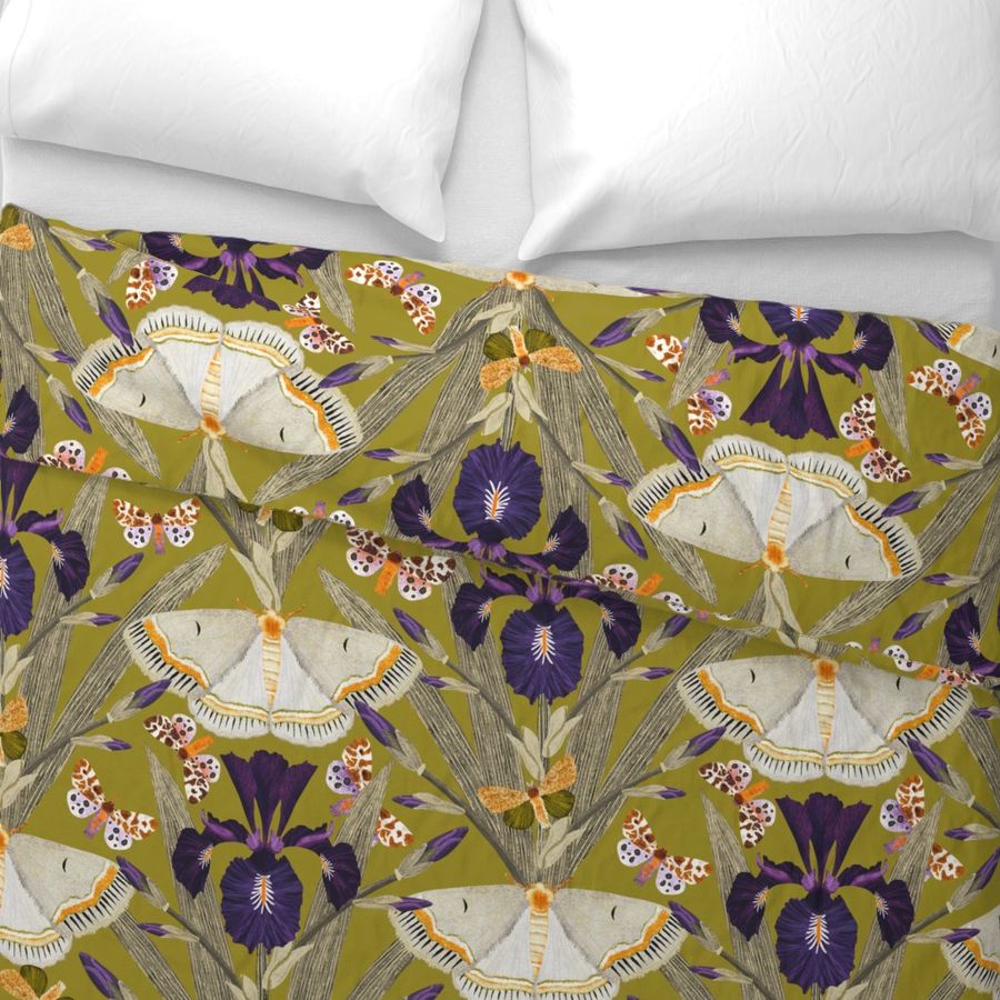 moths and dutch iris on chartreuse | aubergine purple, sage green, yellow | maximalist botanical damask wallpaper