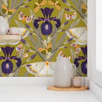 moths and dutch iris on chartreuse | aubergine purple, sage green, yellow | maximalist botanical damask wallpaper