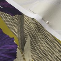 moths and dutch iris on chartreuse | aubergine purple, sage green, yellow | maximalist botanical damask wallpaper