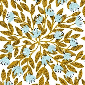 Dainty Flowers - Light Blue on White Background with Mustard Leaves - Medium