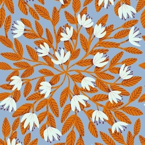 Dainty Flowers - White on Blue Background with Orange Leaves - Medium