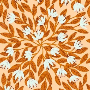 Dainty Flowers - White on Peach Background with Orange Leaves - Medium