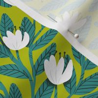 Dainty Flowers - White on Lime Green Background with Teal Leaves - Medium