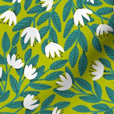 Dainty Flowers - White on Lime Green Background with Teal Leaves - Medium