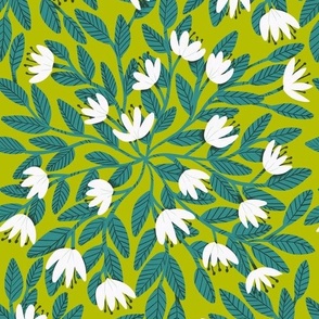 Dainty Flowers - White on Lime Green Background with Teal Leaves - Medium