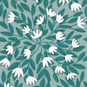 Dainty Flowers - White on Light Teal Background with Teal Leaves - Medium