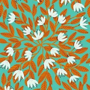 Dainty Flowers - White on Mint Background with Orange Leaves - Medium