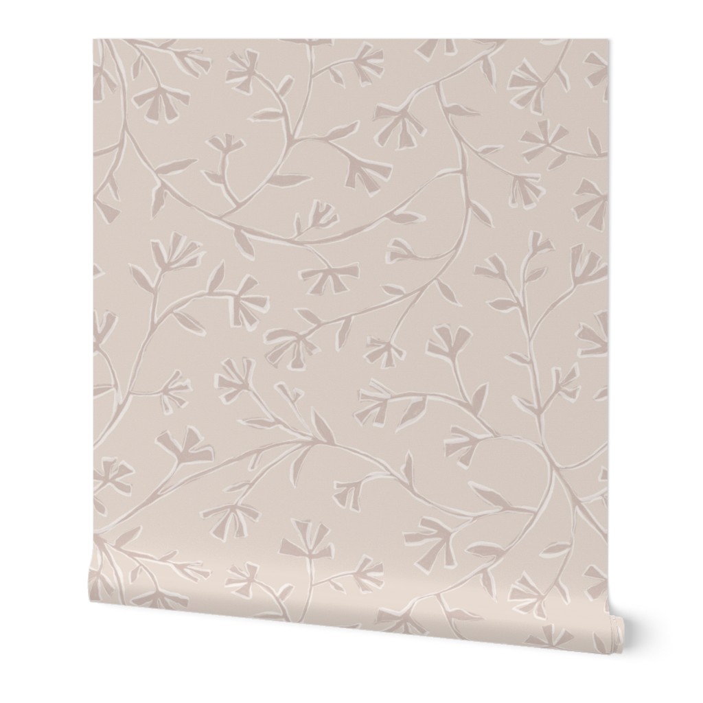 Serene calm minimalist abstract branches and blossoms, soft biscuit beige, large