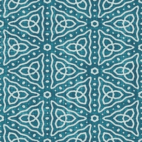 Geometric Celtic Knot Triangles Batik Block Print in Teal Lagoon and Sea Glass (Large Scale)