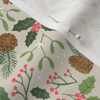 Winter Flora Beige - Holly, Mistletoe & Pine Cones - Small