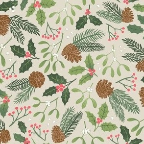 Winter Flora Beige - Holly, Mistletoe & Pine Cones - Small