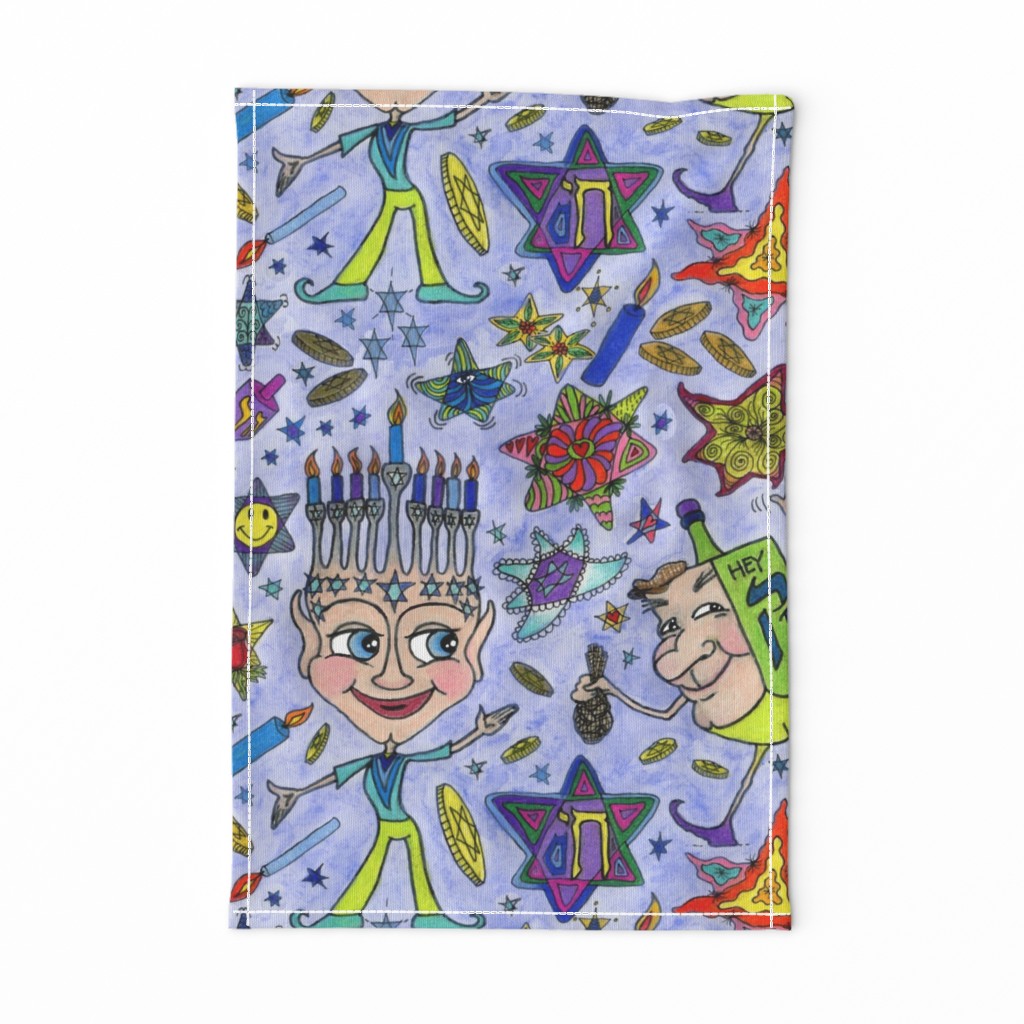 menorah man and dreidel dude, ready for Hanukkah! jumbo large scale, red orange yellow green blue indigo violet quirky whimsical kids funny cute stars star of David