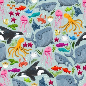 Cheerful Ocean Creatures - Light Blue - Medium