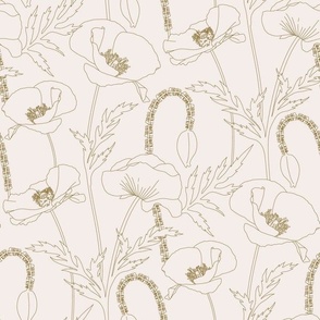 Poppy Flowers and Leaves Outline Beige