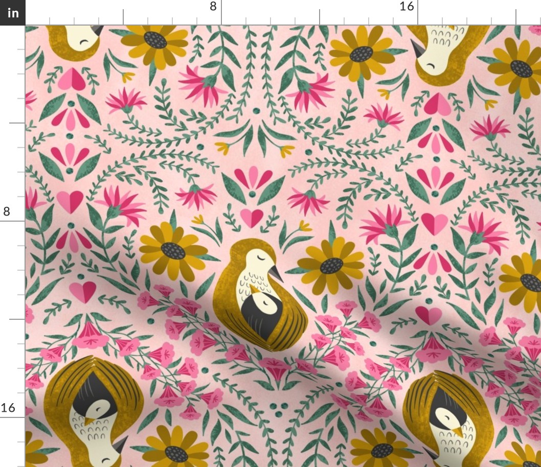 Mother's Day Pattern - Birds - Folk Art - Floral Heart - Novelty Pattern - Botanical Artwork