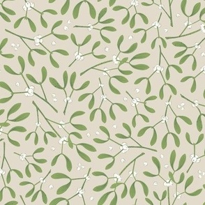 Mistletoe Allover Beige - Festive Winter Botanical Print