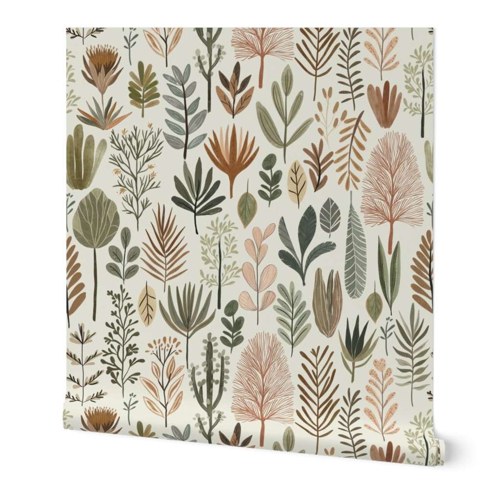 Zen Nature Boho Plants XL - botanical wallpaper - hand drawn leaves and succulents in earthy tones