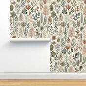 Zen Nature Boho Plants XL - botanical wallpaper - hand drawn leaves and succulents in earthy tones