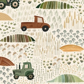Farmland L - Crop harvest - tractors and trucks - green - sage - ochre - rust - large - farm wallpaper - boho style - nursery and kids decor - boy bedroom design