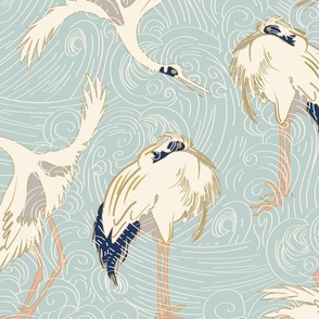 Japandi Cranes | cream and navy on light teal blue |  Japanese chinoiserie birds ocean waves texture | jumbo