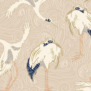 Japandi Cranes | cream and navy on light neutral beige clay |  Japanese chinoiserie birds ocean waves texture | jumbo