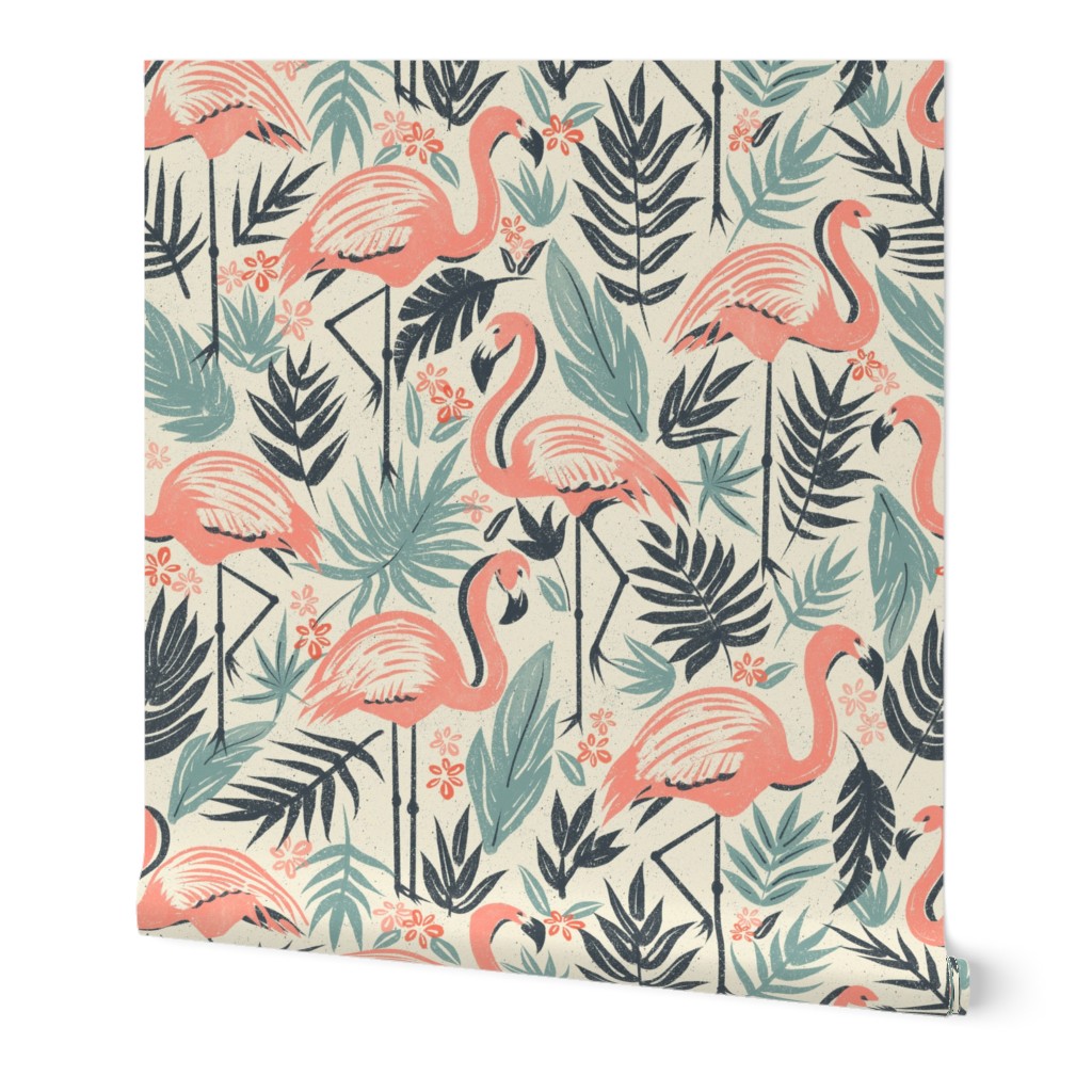 Flamingo Fiesta Large - block print flamingoes wallpaper - retro tropical wall accent - summer exotic decor